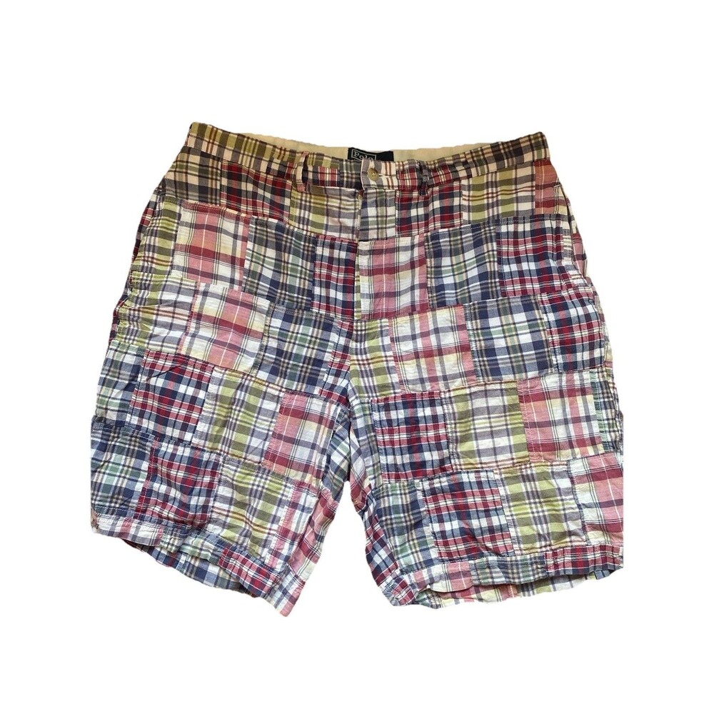 Polo Ralph Lauren Shorts 36 MENS Blue Patchwork Plaid Checkered SHORTS POCKETS